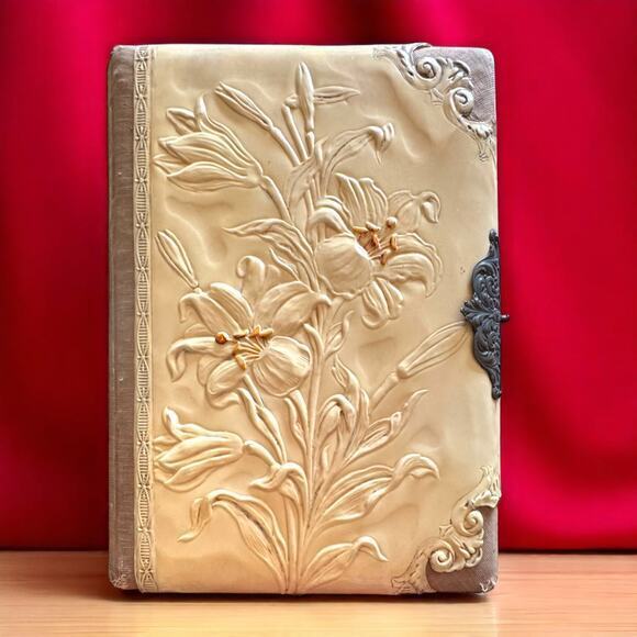 Victorian Photo Album Lily of the Valley Celluloid Cover Metal Clasp 6 Photo VNT